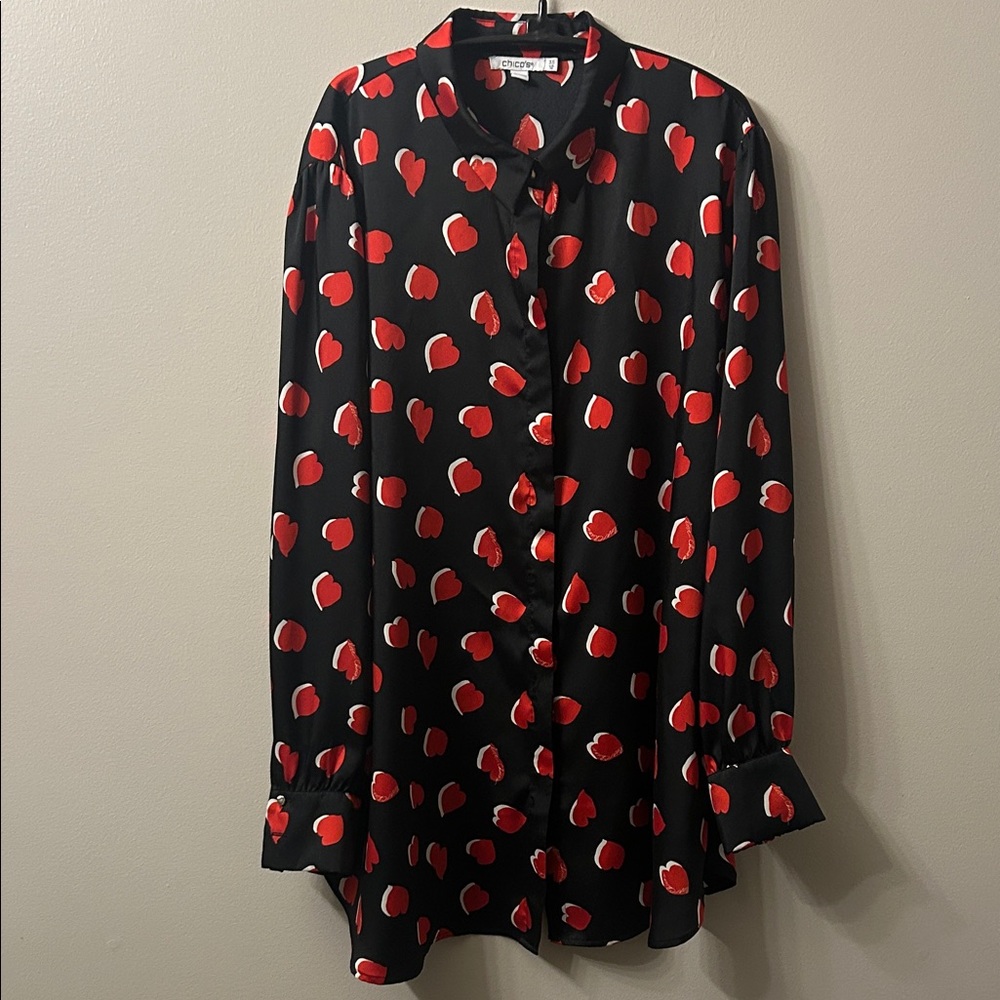 Chico's Black Button Down Blouse with Red Heart Design